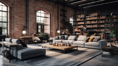 Living room loft in industrial style, a room Stylish Modern with sofa, wood tables, and a concrete wall, Generative AI © Onchira