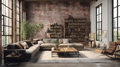 Living room loft in industrial style  a room Stylish Modern with sofa  wood tables  and a concrete wall  Generative AI