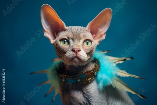 funny devon rex cat wearing a fairy wings harness isolated in teal blue background