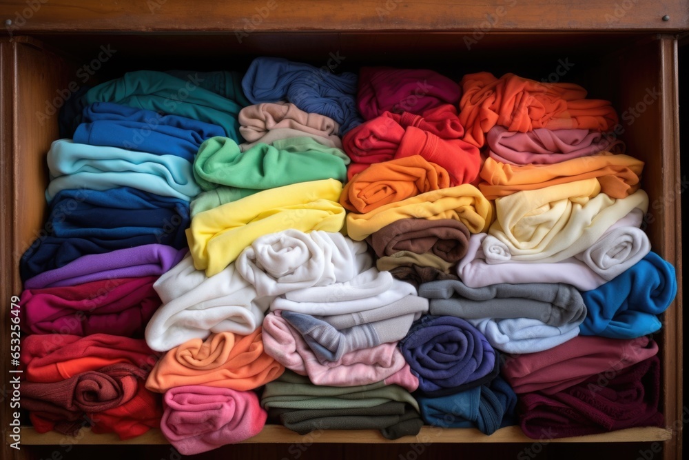 a colorful assortment of baby clothes folded neatly in a white crib