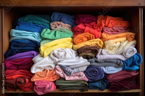 a colorful assortment of baby clothes folded neatly in a white crib © altitudevisual