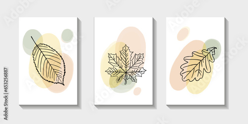 Set of posters with abstract organic shapes and autumn leaves. Vector illustration for banner, flyer, cover, advertising, poster.