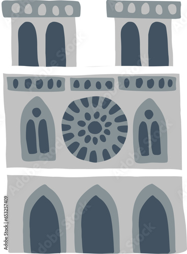 Hand drawn Notre Dame cathedral building. Famous world landmark. Isolated church clipart, vector stock illustration. Doodle French, Paris city symbol. Touristic logo, icon. Europe, France travel.