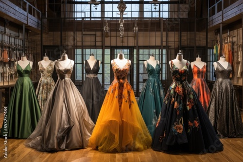 a designers studio featuring a rack of hand-stitched, high-end evening gowns