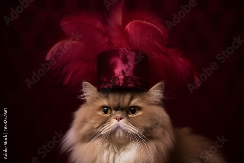 happy british longhair cat wearing a feathered carnival hat isolated in rich maroon background