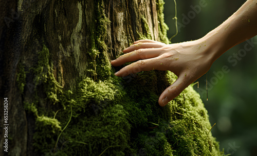 A hand gently touching the moss on the trunk of a large tree reflects a deep connection to nature and environmental responsibility. #653258204