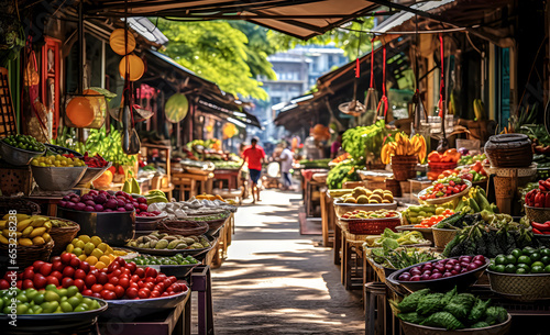 A lively open market with colorful fruits and vegetables Traveling in Asia and South America