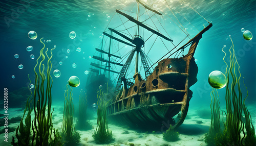 Unterwasserwelt mit Schiffswrack - KI generiert