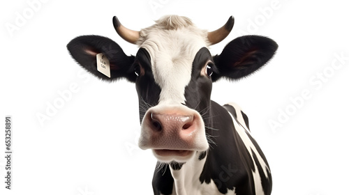 Black and white healthy, cute cow with a curious look looking at the camera, isolated on a white background with copy space.