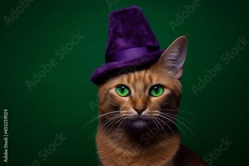 funny somali cat wearing a leprechaun hat isolated on deep purple background