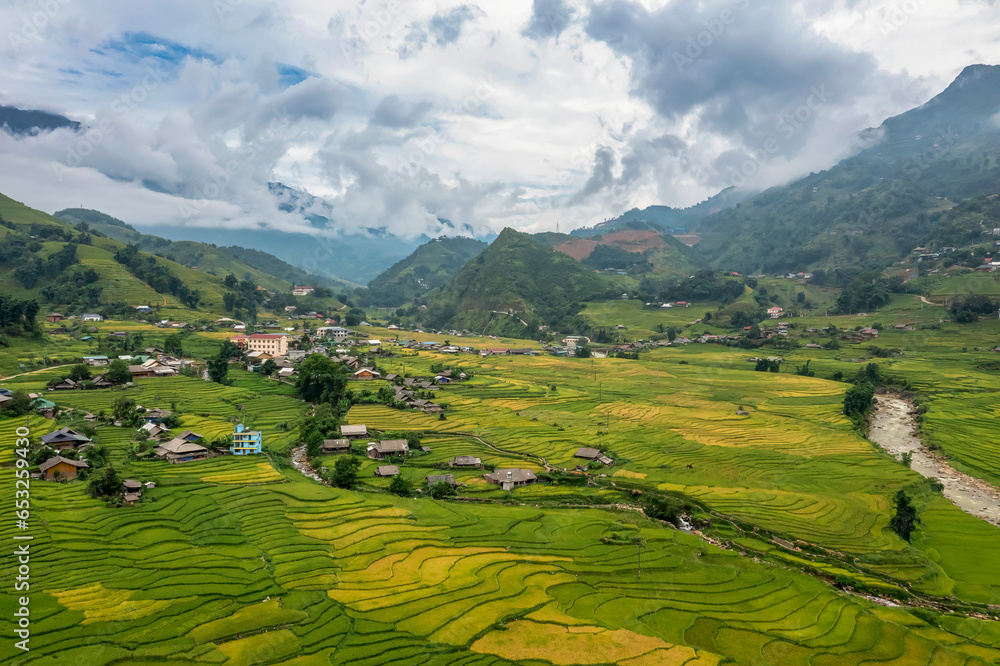Aerial view of rice field or rice terraces , Sapa, Vietnam. Lao Chai village, Ta Van valley