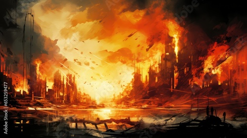 destroy destroyed city fire illustration background red, explosion danger, apocalypse town destroy destroyed city fire photo
