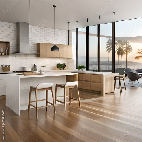 modern kitchen in house with open window