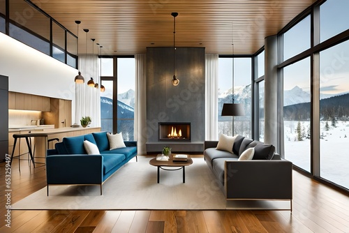 modern living room with Grey and blue sofa