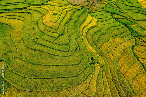 Aerial view of rice field or rice terraces , Sapa, Vietnam. Lao Chai village, Ta Van valley