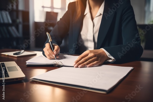 Businesswoman worker or manager in a black suit in a good mood using a laptop and calculator to calculate company income and expenses balance inside the office.