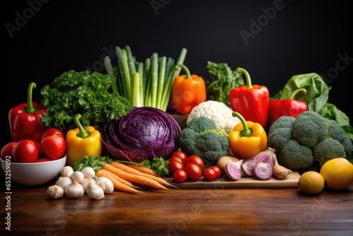 fresh fruits and vegetables on a wooden kitchen counter