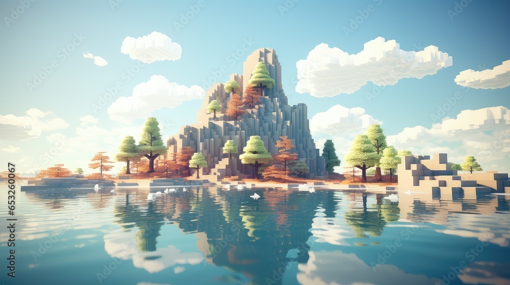 abstract voxel surface landscape illustration 3d nature, game earth, geometric perspective abstract voxel surface landscape