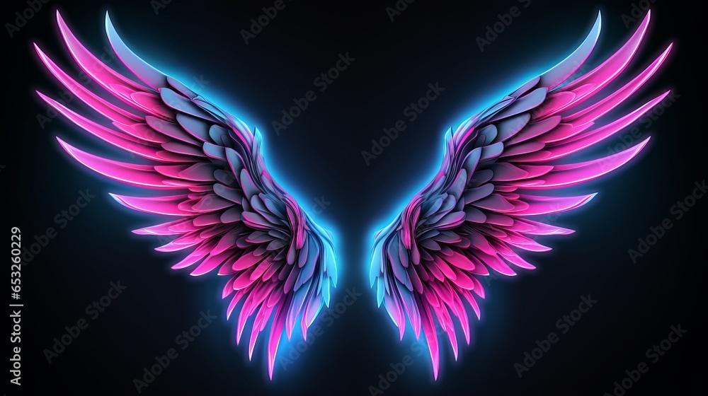 abstract neon angel wings illuminated by pink and blue lights on UV geometric background - cyberspace futuristic wallpaper - obrazy, fototapety, plakaty 