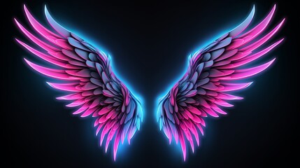 abstract neon angel wings illuminated by pink and blue lights on UV geometric background - cyberspace futuristic wallpaper