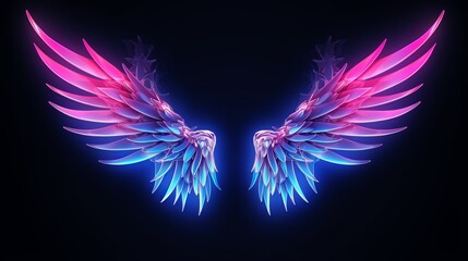 abstract neon angel wings illuminated by pink and blue lights on UV geometric background - cyberspace futuristic wallpaper