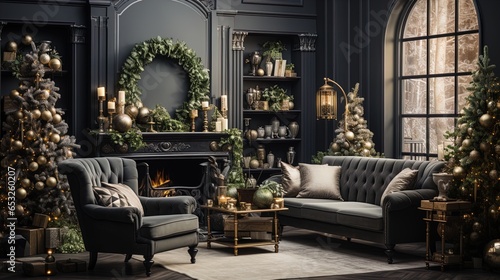 Modern Yuletide Elegance: Cozy Winter Interior with Festive Decor and a Warm Fireplace in 8K created with generative ai technology © Digital Vision Lab