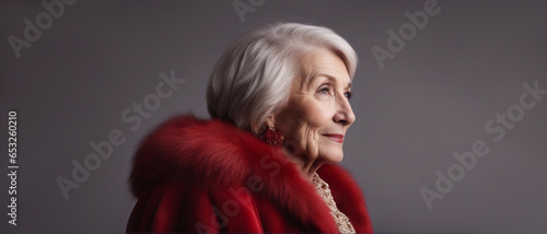 Elderly woman in red fur. Generative AI.