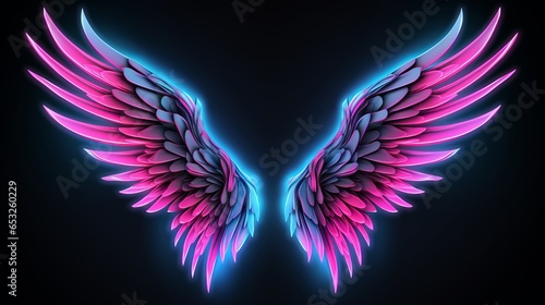 abstract neon angel wings illuminated by pink and blue lights on UV geometric background - cyberspace futuristic wallpaper