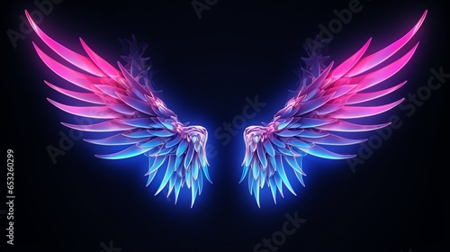 abstract neon angel wings illuminated by pink and blue lights on UV geometric background - cyberspace futuristic wallpaper © Ashi