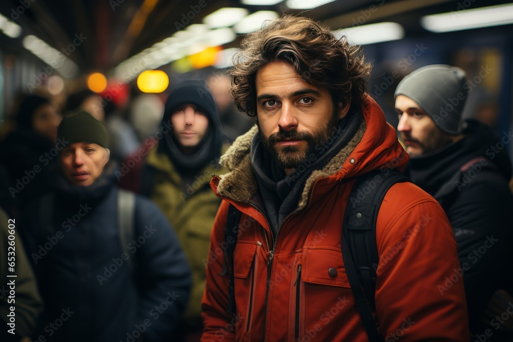Commuter waiting for a train in a busy subway station, Generative AI Commuter waiting for a train in a busy subway station, Generative AI