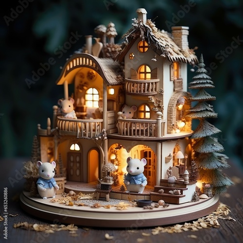 Miniature mice and house with lights under them