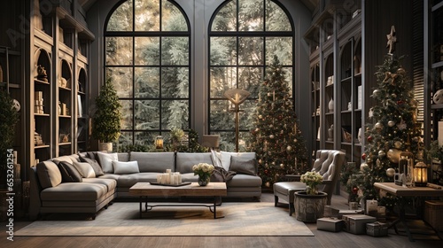 Modern Yuletide Elegance: Cozy Winter Interior with Festive Decor and a Warm Fireplace in 8K created with generative ai technology