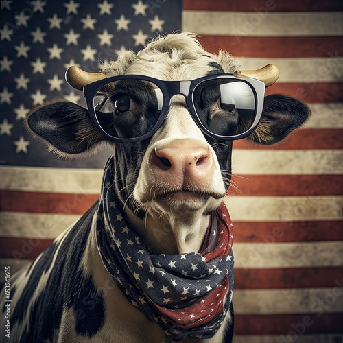 American cow with sunglasses. Patriotic cow. Independence day cow. Generative ai art.