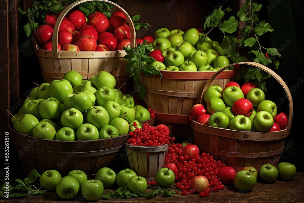 red and green apples arranged in bushel baskets