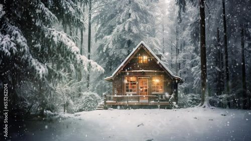 Enchanting cabin, cocooned in snowy woods, embraced by a mystical bokeh, whispers serenity amid nature's winter slumber