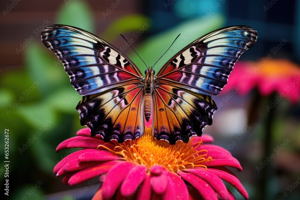 a butterfly resting with wings spread on a vibrant flower