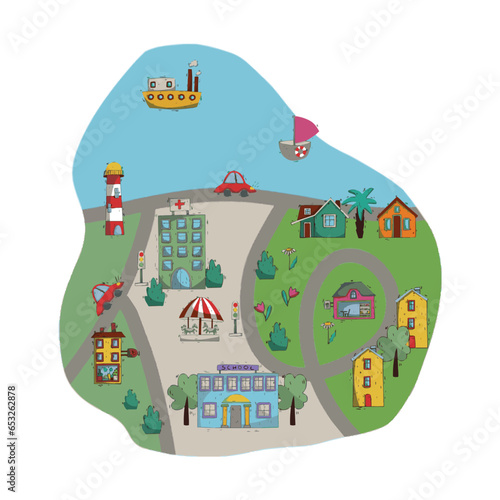 city or little town creator pre made map. cute doodle style buildings, houses, park, lake, cars