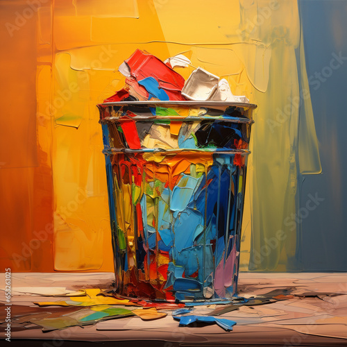 Abstract color of a recycle bin. Recycle garbage, recycle waste concept. Waste transform to art. Sustainable development and circular economy concept. By generative AI.