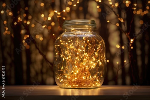 golden fairy lights highlighted against a glass jar