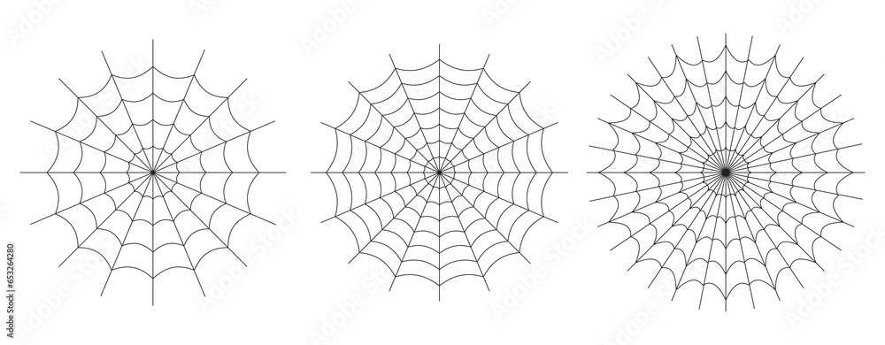 Symmetrical spider web icon. Geometric halloween badge. Minimal spooky sticker. - obrazy, fototapety, plakaty 