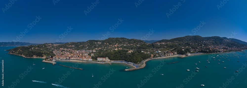 Aerial view of the city of Lerici. Italian resorts on the Ligurian coast aerial view. Aerial panorama of Lido of Lerici, La Spezia provinces, Liguria, Italy.