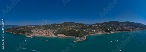 Aerial view of the city of Lerici. Italian resorts on the Ligurian coast aerial view. Aerial panorama of Lido of Lerici, La Spezia provinces, Liguria, Italy.