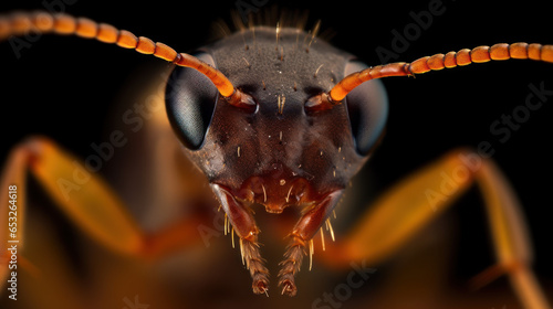 tête de fourmi en vue macro sur fond noir © Sébastien Jouve