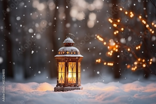 Christmas decoration with a lantern in the snow in a winter park with beautiful bokeh © GustavsMD