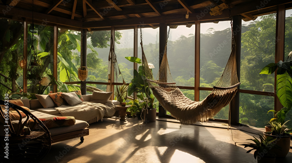 Eco-lodge house interior with green plants and hammocks in tropical forest. - obrazy, fototapety, plakaty 