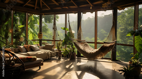 Eco-lodge house interior with green plants and hammocks in tropical forest. photo