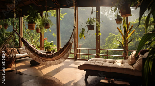 Eco-lodge house interior with green plants and hammocks in tropical forest.