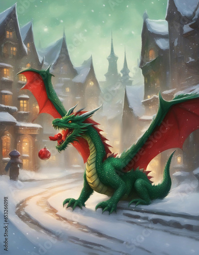 New Year's dragon with Christmas gifts. Generative AI. © F@natka