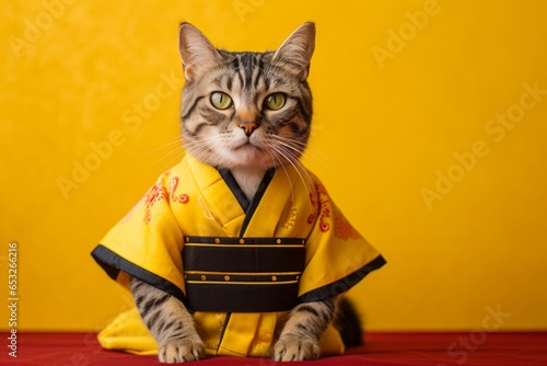 happy american bobtail cat wearing a samurai costume while standing against yellow background photo