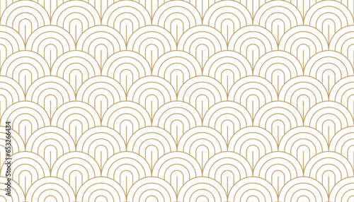 Seamless art deco pattern with multiple golden arch line on white background, gold circle stripe line in fan shape pattern, vector illustration.